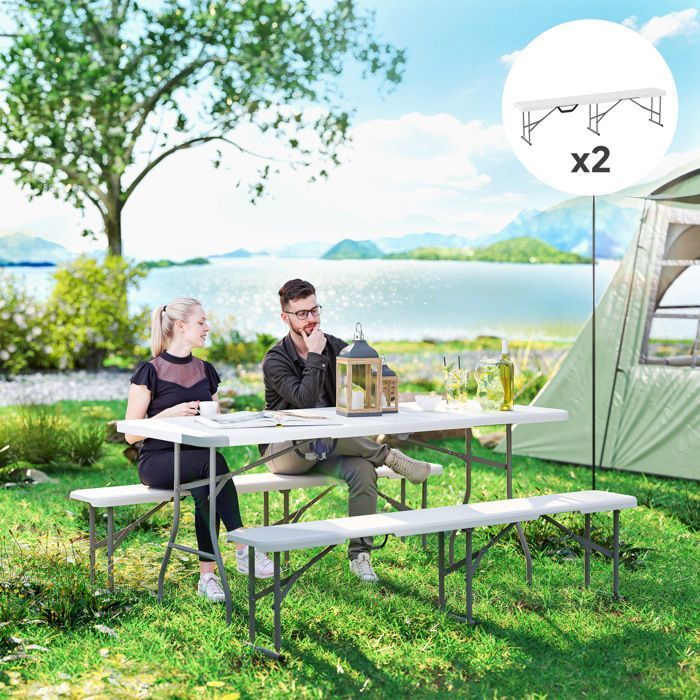 Set of 2 Garden Benches - Outsunny - Folding - with Carrying Handle - Metal and HDPE - 182 x 28 x 42 cm - White