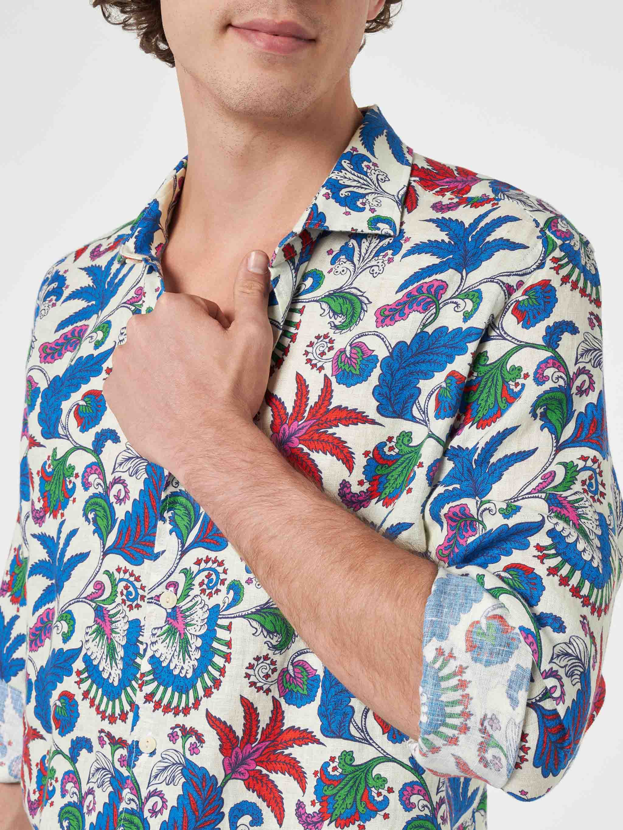 Marineblauwe linnen herenoverhemd van Pamplona met bloemenprint
