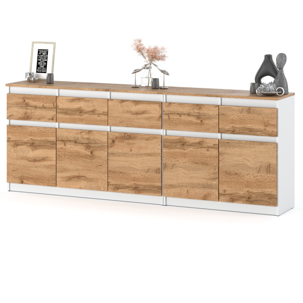 Komoda do salonu nowoczesna 200cm 5 szuflad biała dąb wotan