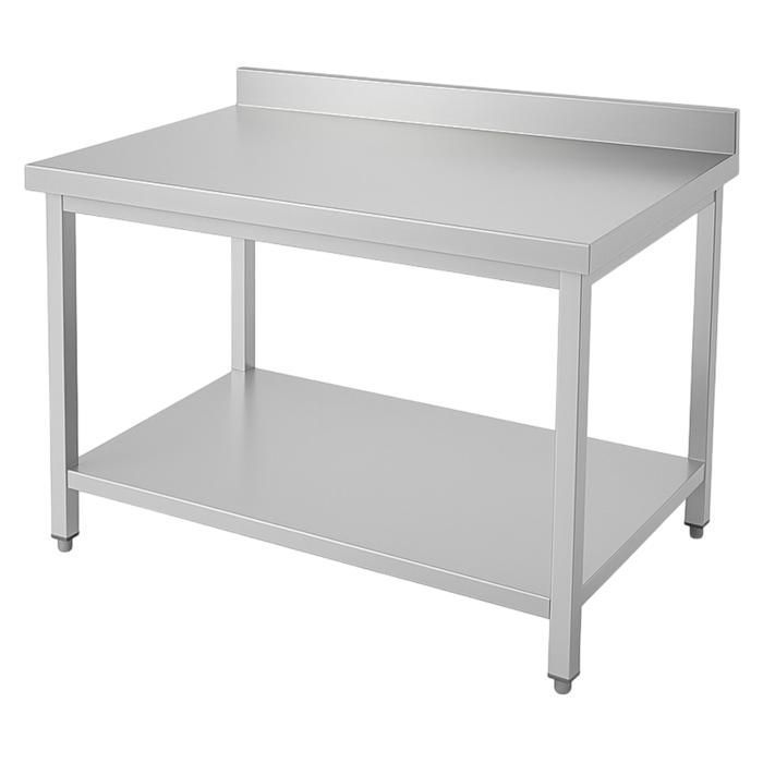 Table inox professionnelle adossée 1600 x 700 mm - acier inox 0,8 mm - étagère inférieure - dosseret 100 mm