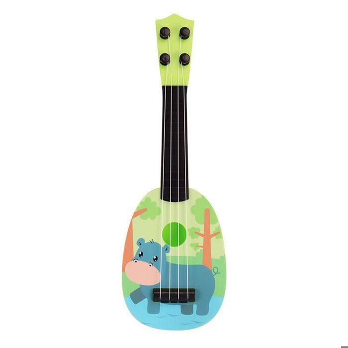 Ukulele a 4 corde in Do, 36x12x4,5 cm, chitarra giocattolo per bambini con disegno di un ippopotamo blu in stile cartone animato.