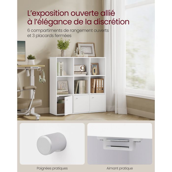 VASAGLE Bibliothèque, Étagère sur 3 Niveaux, Meuble de Rangement, avec 3 Placards en Bas, 29 x 97,5 x 97,5 cm, Salle à Manger, Blanc