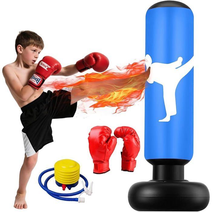 Saco de boxeo infantil de 160 cm, con guantes y bomba de inflado, ideal para niños, taekwondo y karate, de 3 a 12 años, color azul.