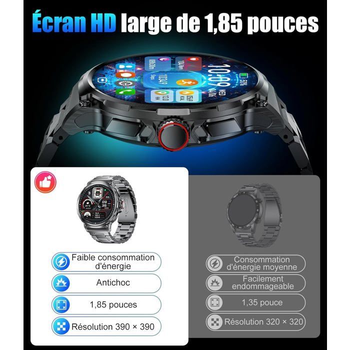 Montre Connectée Homme Avec 800 Mah Grande Batterie 1,85″ Hd Cadran Rond Bluetooth Appels Smartwatch Homme Pour Ios Android[C118]
