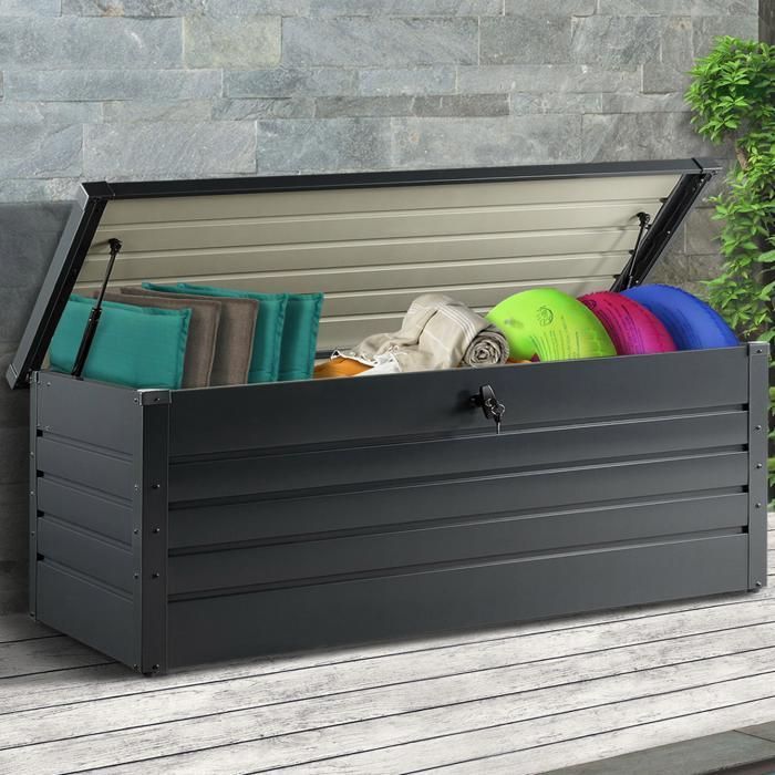 IDMARKET Afsluitbare metalen opbergbox, antracietgrijs, voor de tuin, 600 liter, 165x70x63 cm