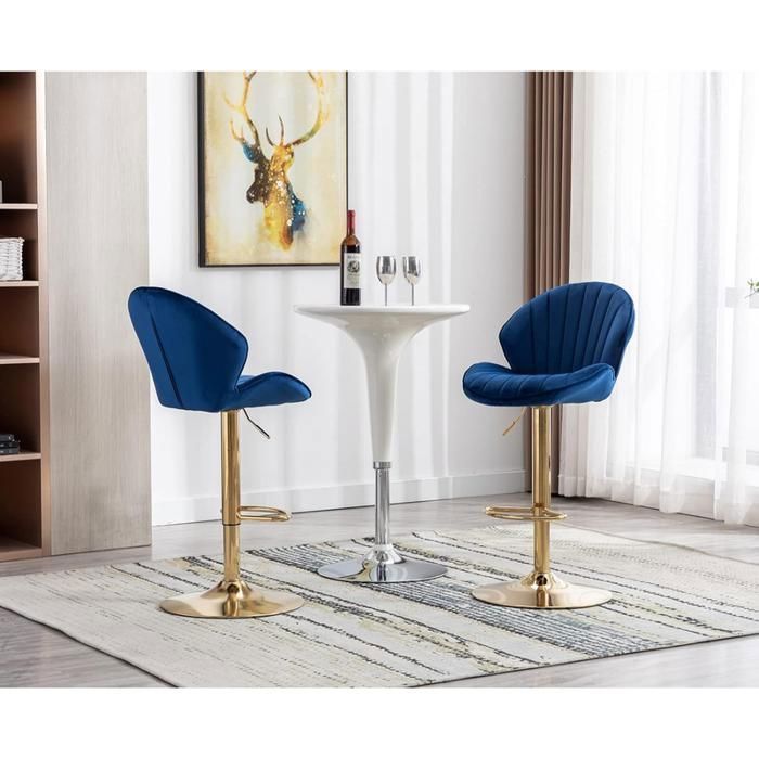 Wahson Tabouret Bar Lot de 2 Tabouret Bar Réglable, Chaise Bar Haute avec Pieds en Métal pour Cuisine et Comptoir, Velours, Bleu
