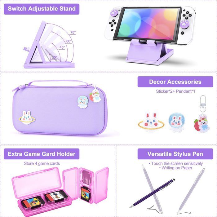 Kit di accessori OLED 19 in 1 per Nintendo Switch: custodia viola chiaro con tasca per giochi e pellicola protettiva per lo schermo.