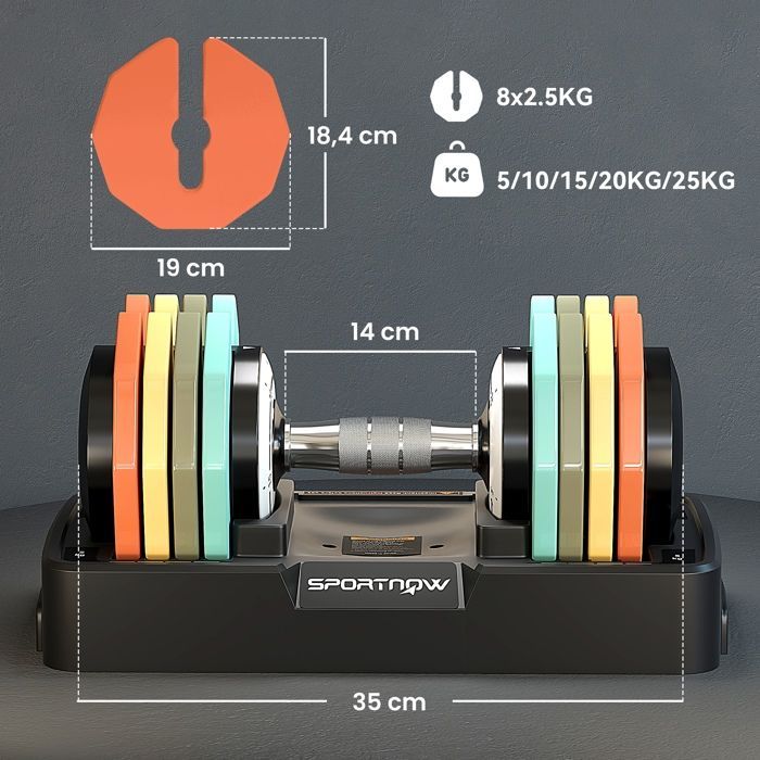 SPORTNOW Verstelbare Halter - 5-25 kg - met opbergvoet, 5 gewichtsniveaus, antislip handgreep, achthoekige gewichtsschijven