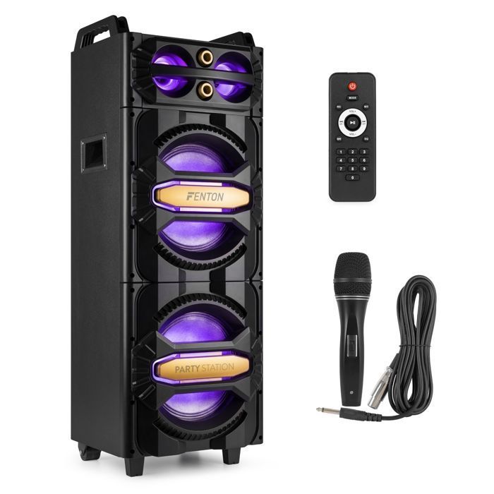 Fenton LIVE2102 Bluetooth-juhlakaiutin RGB-LEDeillä - 800 wattia, mikrofoni mukana, 2 x 10-tuumainen kaiutin, MP3-soitin