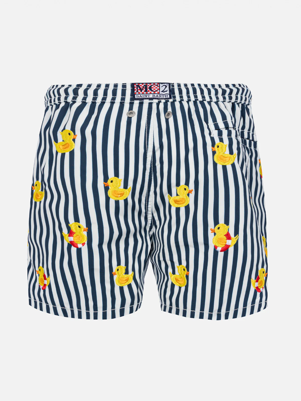 Costume da bagno da bambino a righe con papere ricamate