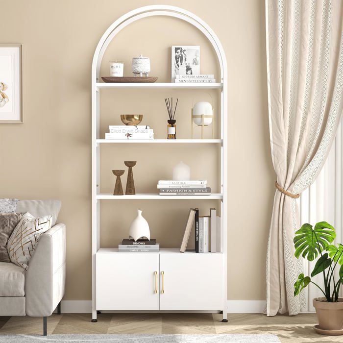 Estantería de 4 niveles, 182 cm, con cajones, estante alto con patas, estructura metálica, color blanco. Mueble de almacenamiento para salón.