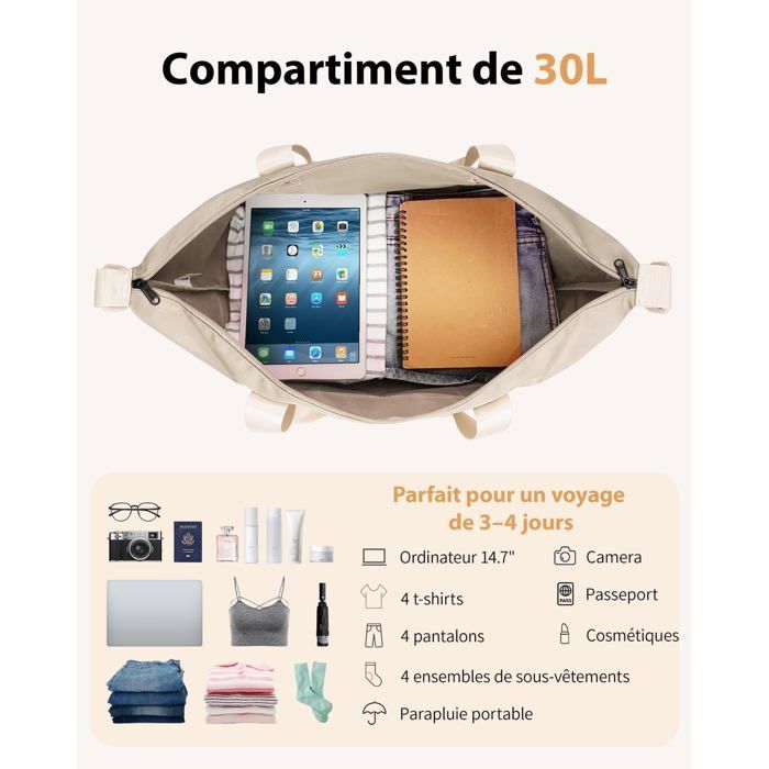 Bolsa de viaje para mujer ECOHUB - Equipaje de cabina 45x36x20 Easyjet - Bolsillo impermeable extraíble - 30L - Fin de semana - Hospital - Beige