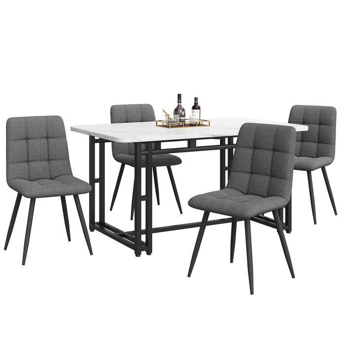 Schwarzer Esstisch (140 x 80 cm) mit 4 Stühlen, modernes Küchen-Esszimmer-Set, dunkelgraue Leinenstühle, Tisch