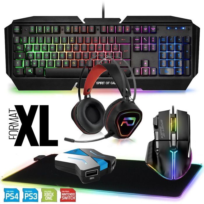 Gamingpakket - NO NAME - Toetsenbord, muis, headset, converter, LED-muismat - RGB - AZERTY - Multiplatform