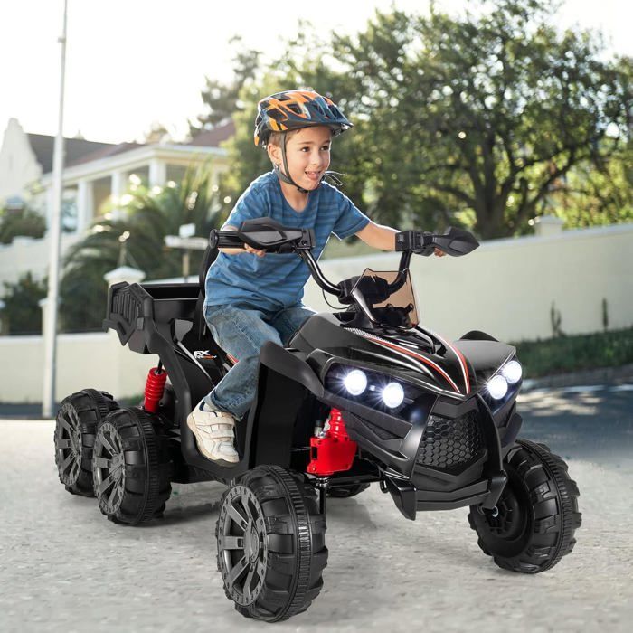 Quad eléctrico COSTWAY de 12 V para niños, con 6 ruedas, 4 motores, caja de almacenamiento trasera, luces LED, música, función de cuentos, puerto USB, para mayores de 3 años, color negro.