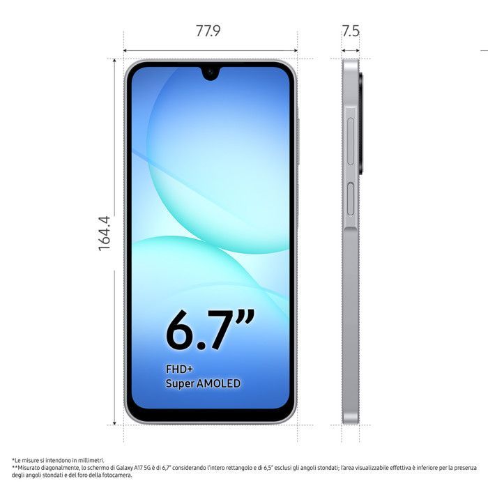 Samsung Galaxy A17 5G-smartphone, Android 15, 8 GB RAM, 256 GB opslag, grijs, 5000 mAh batterij.