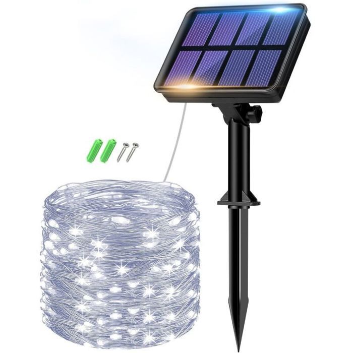 Lot de 2 guirlandes lumineuses solaires d'extérieur,longueur totale 12 m,100 LED,étanches,lumineuses,8 modes