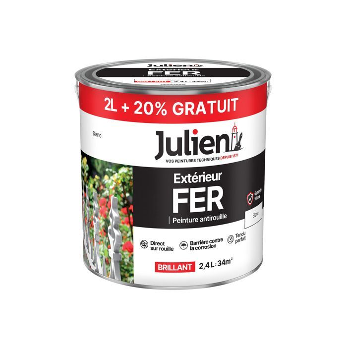 Peinture Extérieur Fer Antirouille 2l+20%gratuit - 164085 - Blanc - Julien
