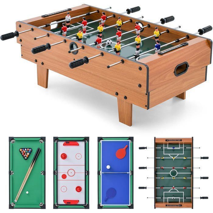 Mesa de futbolín COSTWAY 4 en 1 - Billar, ping-pong, hockey - Accesorios completos - Superficie de juego apilable - 81 x 43 cm - Hogar, bar - Natural
