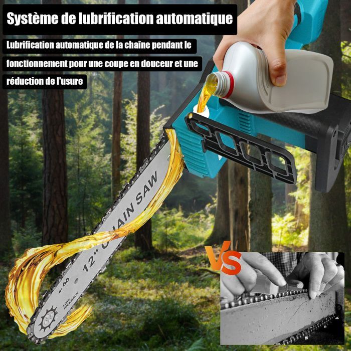 Tronçonneuse Électrique sans Fil 12 Pouces , avec Injecteur de Lubrifiant et 2 Batteries 5.0 Ah, Moteur Brushless , 2 Chaînes -Bleu