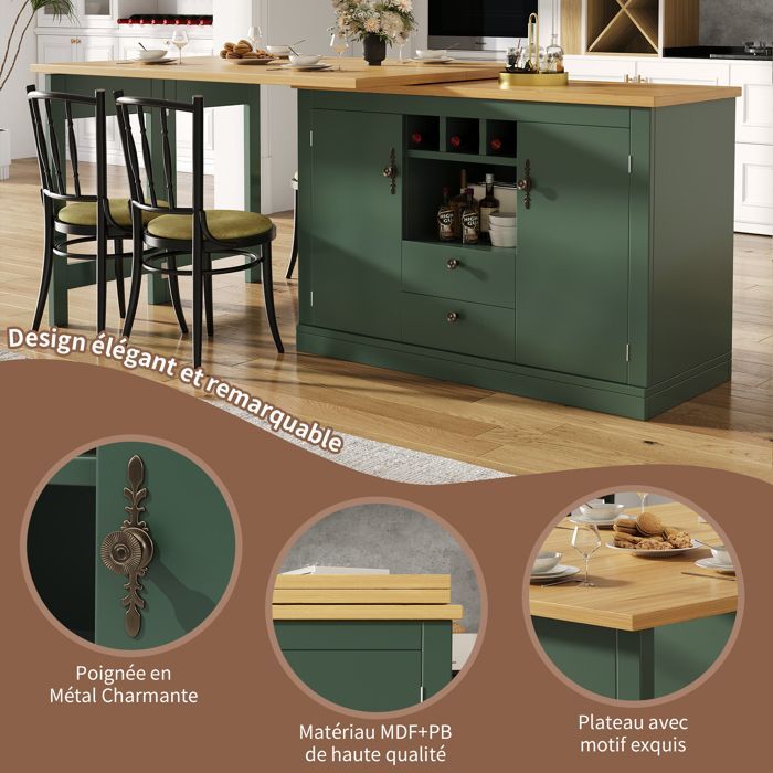 Îlot de Cuisine Extensible Multifonction,Table de bar Rotative 360°Réglable 120-180cm,Avec 2 tiroirs & Portes,Vert