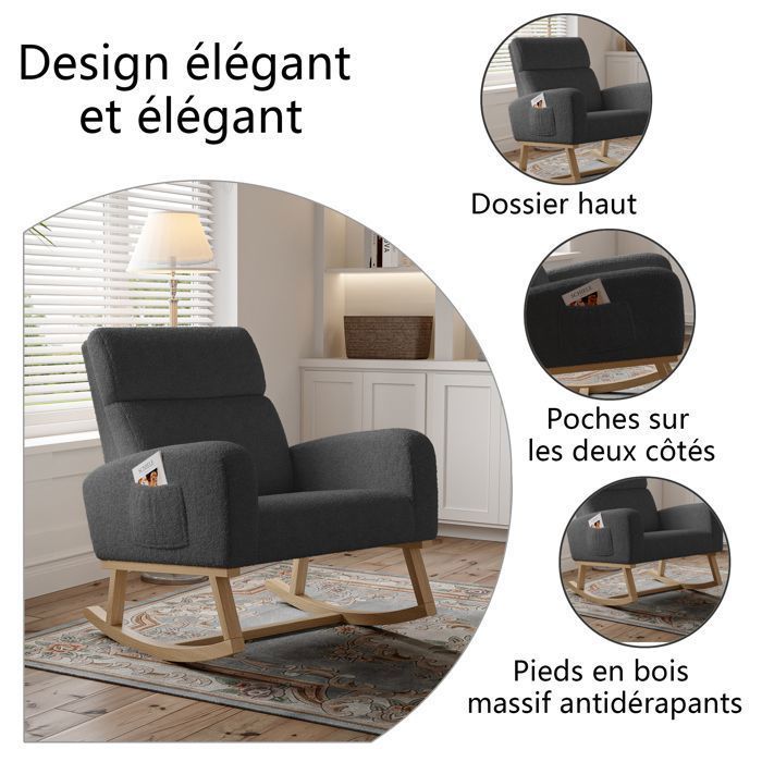 Fauteuil à Bascule - LUMINARIX - Rocking Chair - Gris foncé - Pieds en bois massif - Style Scandinave
