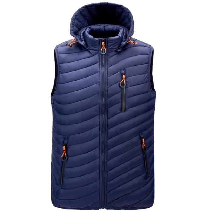 Men's Puffer Jacket, Sleeveless Puffer Jacket with Zip-Up Hood, Warm Down Jacket with Rounded Hem for Autumn and Winter - Blue