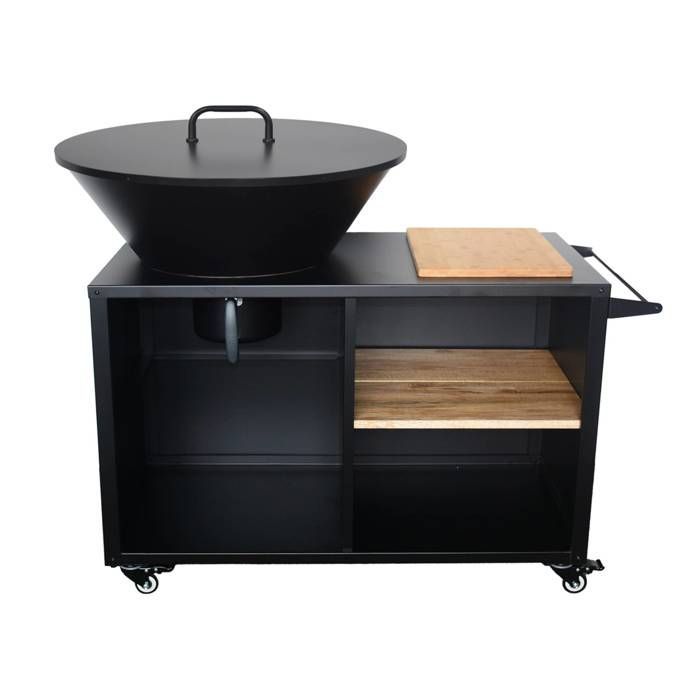 Brasero para barbacoa STROMBOLI de 80 cm de diámetro, carrito de servicio con espacios de almacenamiento y tapa.