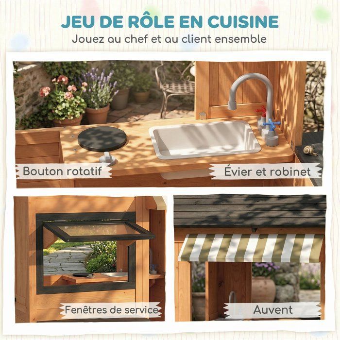 Casita de juegos de madera para exteriores para niños, cocina de juguete para interior/exterior con ventanas, puerta y banco, color marrón.