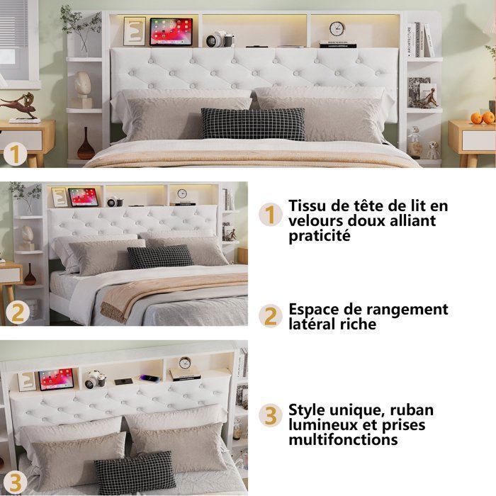 Complete slaapkamerinrichting voor volwassenen, bestaande uit een bedframe van 160x200 cm, een tweepersoonsbed, een opbergbed van 160x200 cm, een LED-bed van 160x200 cm, een USB-poort, opbergruimte, LED-verlichting, 2 lades, fluweel en wit.