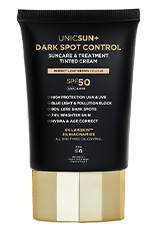 „Unicsun Dark Spot Control“ tonuotas kremas su SPF 50. Prabangus drėkinamasis ir maitinamasis kremas.