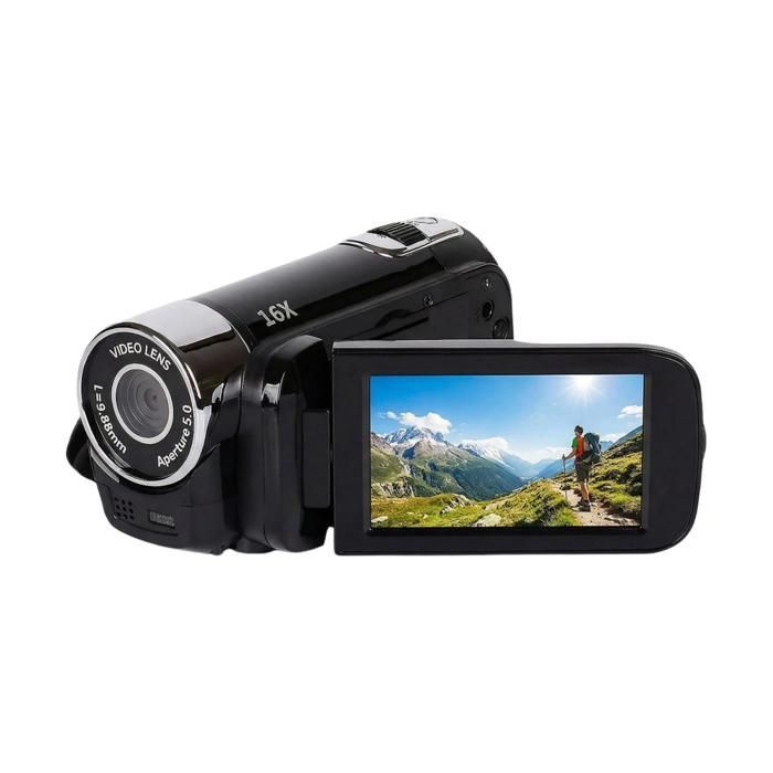 Videocámara digital Full HD 1080p, pantalla giratoria de 270°, zoom de 16x, 16 MP, cámara de vídeo compacta con flash, color negro.