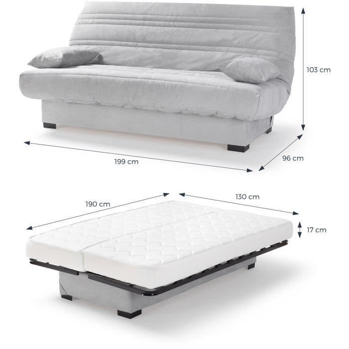 Divano letto a 3 posti con meccanismo click-clack - Materasso da 17 cm - Tessuto grigio chiaro - L199 x P96 x H103 cm - CHLOE