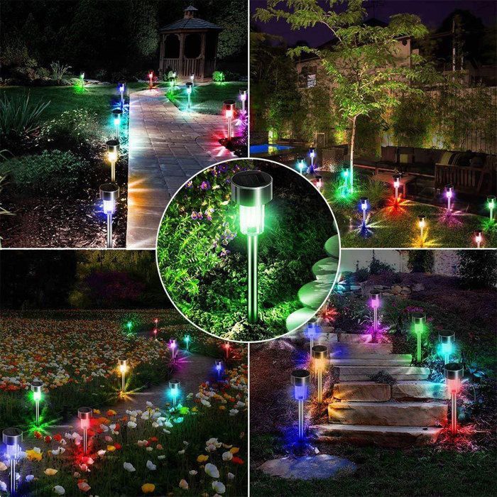 Lumières solaires extérieures colorées de jardin de l'acier inoxydable LED des lumières 12pcs sans fil pour extérieur，4.5*29.5cm