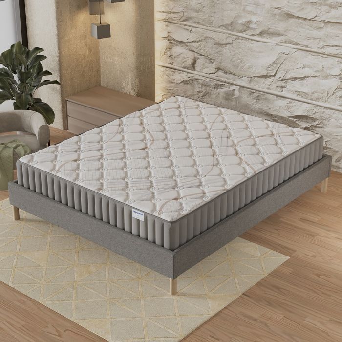Colchón + Base de cama (180 x 200 cm) - Colchón de látex natural Sirius de 16 cm + Base de cama de madera estable y robusta, funda de tela gris