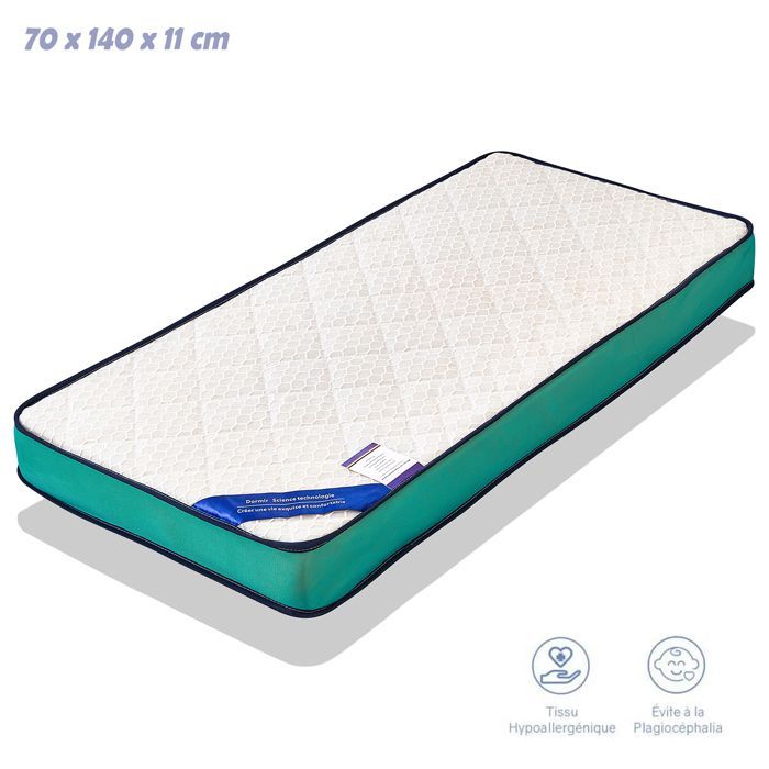 Matelas bébé 70x140 CM Epaisseur 11 CM KITYTETY - Noyau perforée et Anti Bactérien – 2 faces ultra respirant - Vert