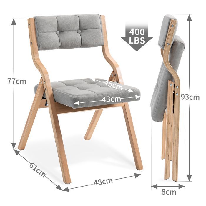 Conjunto de 2 cadeiras dobráveis de madeira BELLEMAVE - Cadeiras de jantar estofadas - Não requerem montagem - Para casa, escritório e festas - Cinza