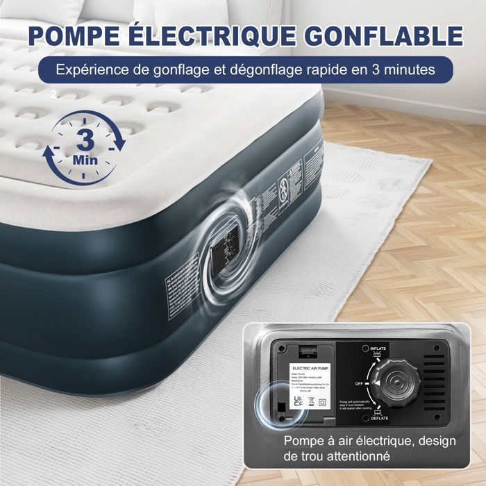 Colchón hinchable para 2 personas, con bomba eléctrica integrada y superficie aterciopelada suave, ideal para camping y hogar, 203 x 153 x 45 cm, color blanco.