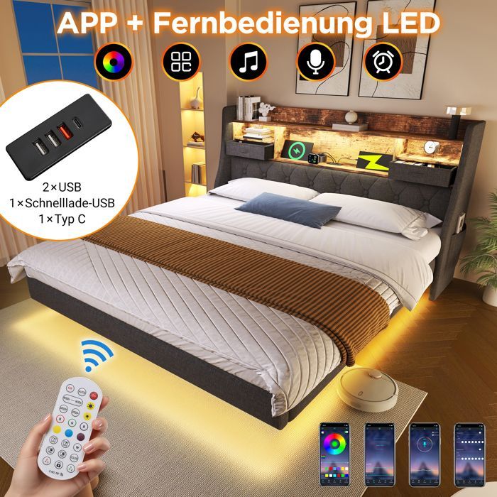 Cama doble de 180x200 cm con iluminación LED y puertos USB, estructura de cama para adultos con cabecero de lino, cama doble moderna, gris.