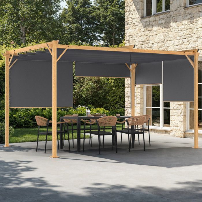 IDMARKET Pérgola edición exclusiva con techo retráctil efecto madera de 3x4 m y 4 persianas gris antracita.