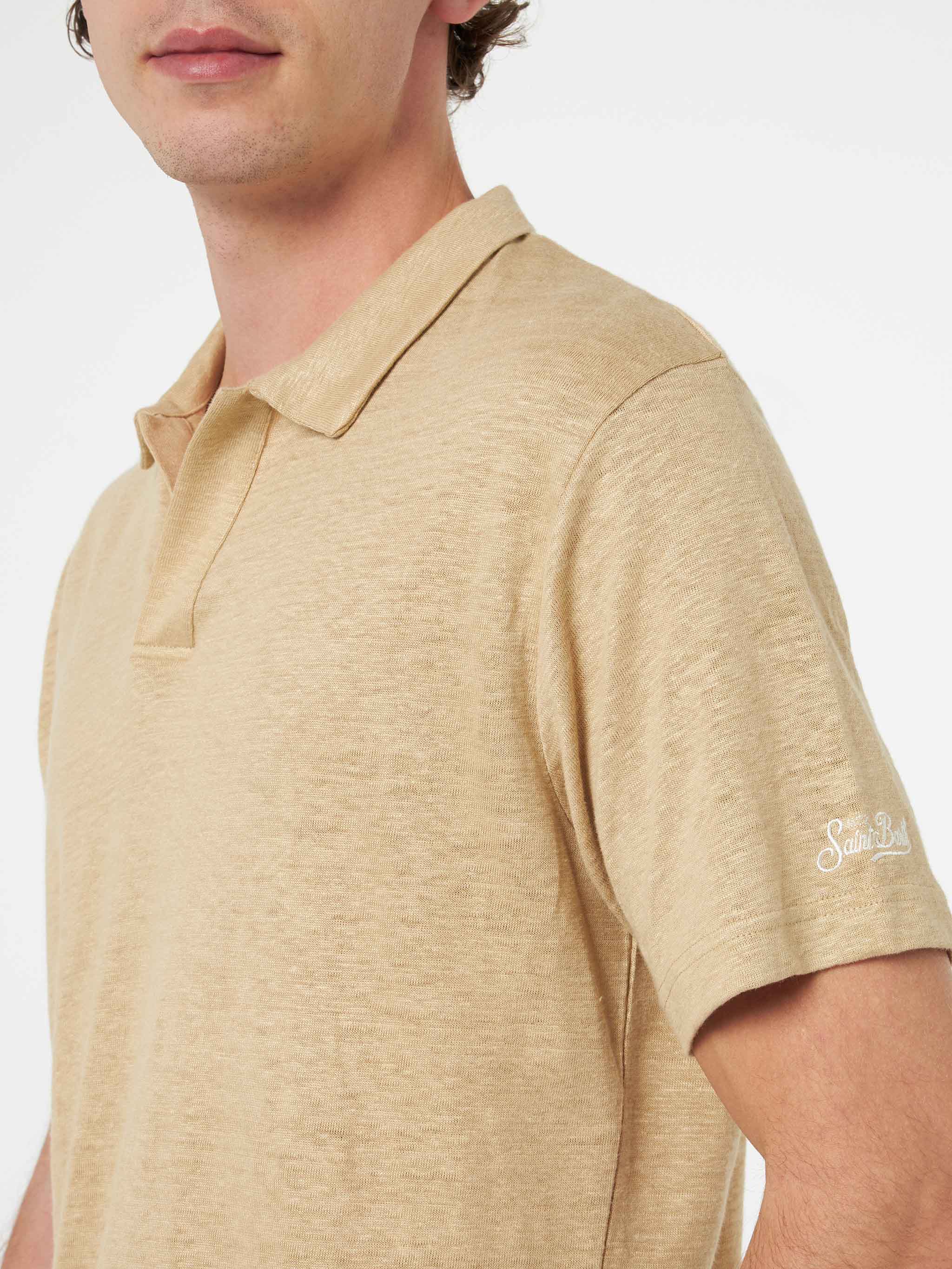 Fraser beige linnen poloshirt zonder knoopjes