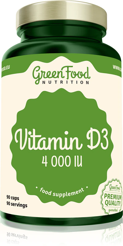 Suplemento alimentar de vitamina D3 4000UI da GreenFood Nutrition em cápsulas.