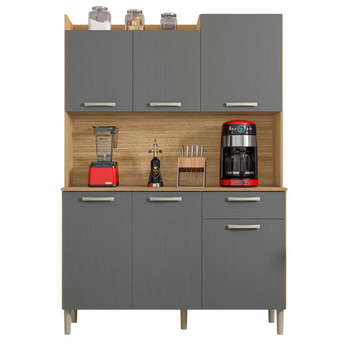 Aparador de cocina GENOVA - Roble y efecto gris - 6 puertas - 1 cajón - Ancho 121,5 x Alto 176 cm