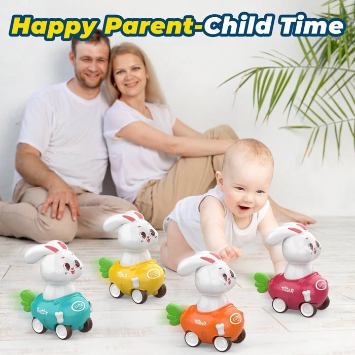 Macchinine a forma di coniglio per bambini di 1, 2 e 3 anni - Set di 4 veicoli da spingere - Regalo educativo per bambine e bambini