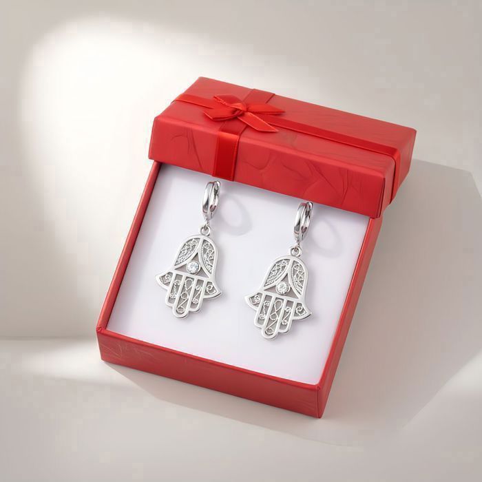 Orecchini pendenti - Mano di Fatima - Argento sterling 925 - Placcati in rodio - Donna - 42 mm