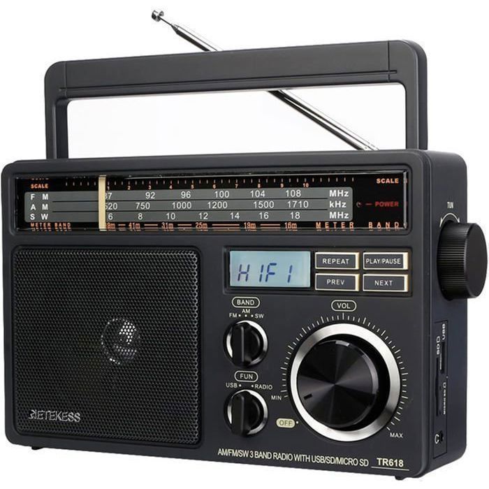Retekess TR618 draagbare radio, werkt op batterijen en netstroom, FM AM SW transistor, MP3-speler met USB-, SD- en TF-kaartsleuven, hoofdtelefoonaansluiting (grijs)