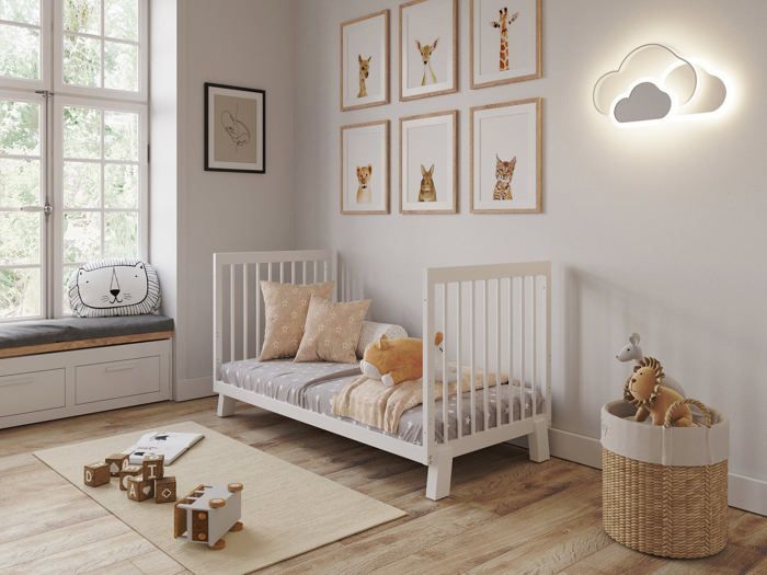 Lit Bébé Evolutif Convertible 140 x 70cm blanc, Lit d'enfant en bois 3 EN 1, 3 Niveaux de Réglage de la Hauteur