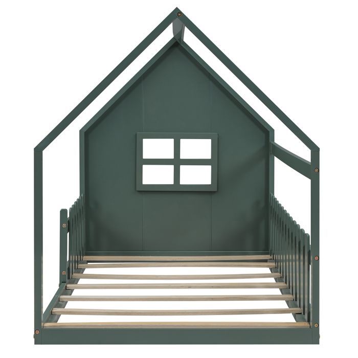 Cama infantil tipo cabaña de 90x200 cm - con forma de casita - fabricada en madera de pino y MDF - Verde