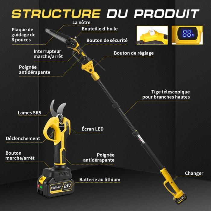 Pole pruner - MELLWIN - MellWin - 20 cm guide bar - 32 mm pruner blades - 100-185 cm telescopic pole