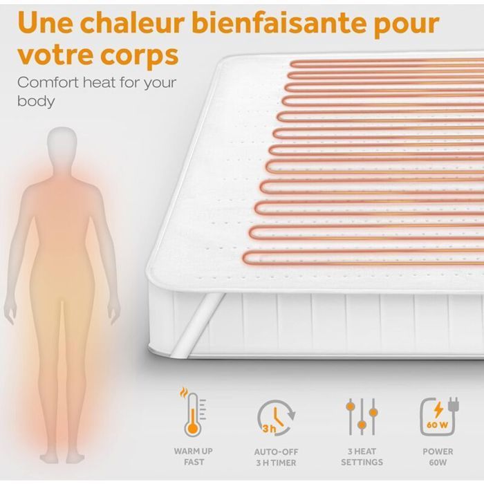 Surmatelas chauffant électrique - MICH - 150x80 cm - Arrêt automatique - 3 niveaux de température - Polaire douce